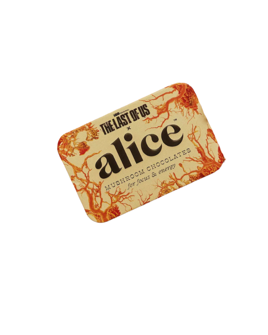 Mushroom chocolate bar labeled 'alice' from 'The Last of Us' series on a bed of dried mushrooms.